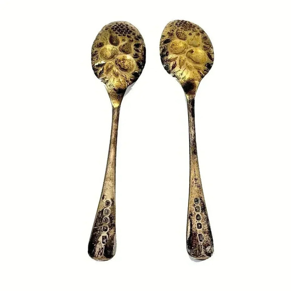 Thomas Wallis II Berry Spoons Lot of 2 Sterling Silver George IV 1825 Gold Wash - Picture 2 of 6